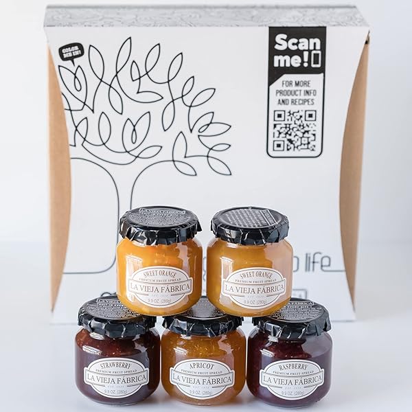 LA VIEJA FABRICA FRUIT SPREAD GIFT BOX – INCLUDES SWEET ORANGE, PEACH, APRICOT, RASPBERRY & STRAWBERRY JAM – 9.9 OZ (5 JARS)