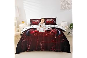 CASTLE FAIRY Gamer Duvet Cover for Boys,Gaming Comforter Cover Queen,Honeycomb Gamepad Bedding Set Kids Games Room Decor Bed Cover,Video Game Controller,Modern Gradient Soft Red Black Bedclothes with Zipper