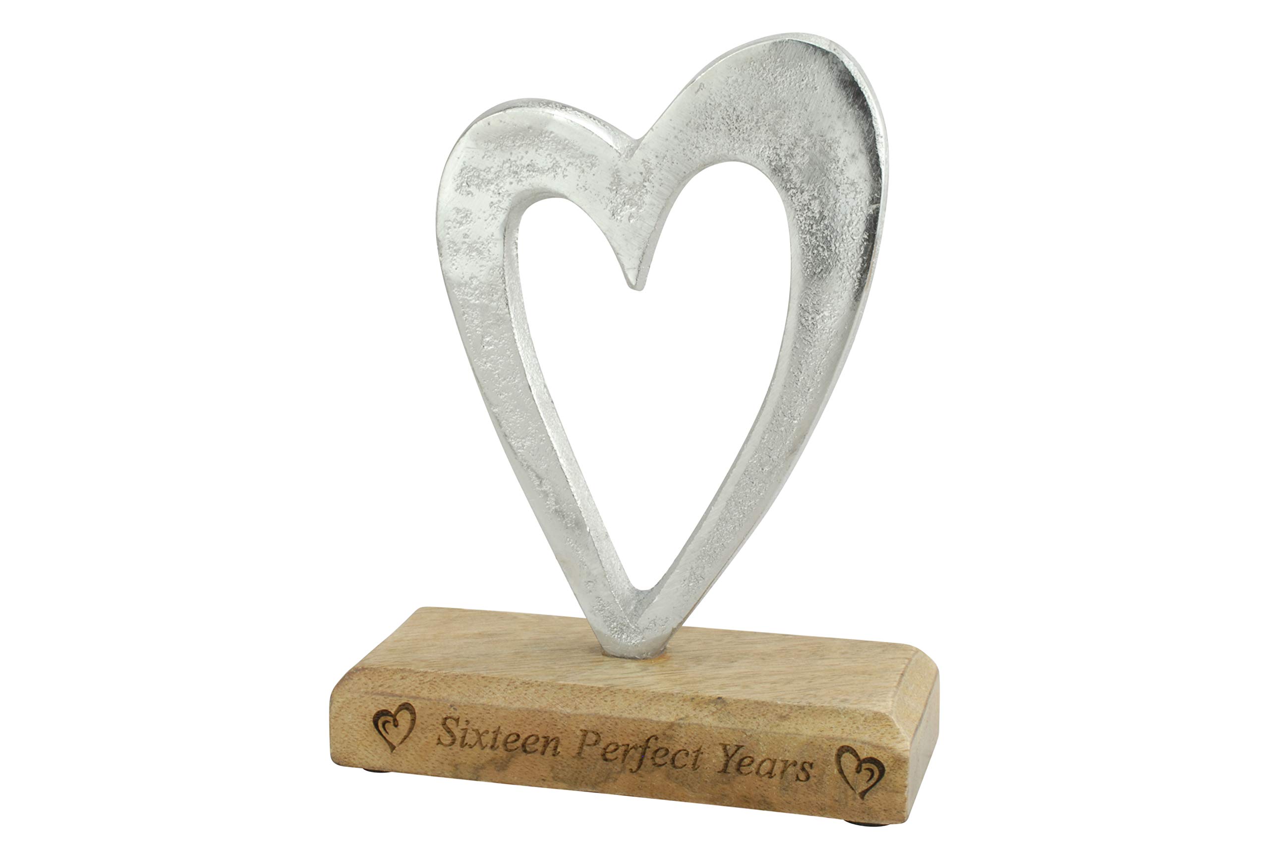 Sixteen Perfect Years 16th Anniversary Rustic Metal Heart Decoration – Free Standing Aluminium & Wooden Decoration (hssperf-16)