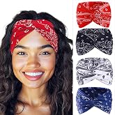 Urieo Red Bandana Headband Printed Cross Yoga Headbands for women | Womens Wide Hair Bandanas Floral Twisted Boho Turban Head Wrap