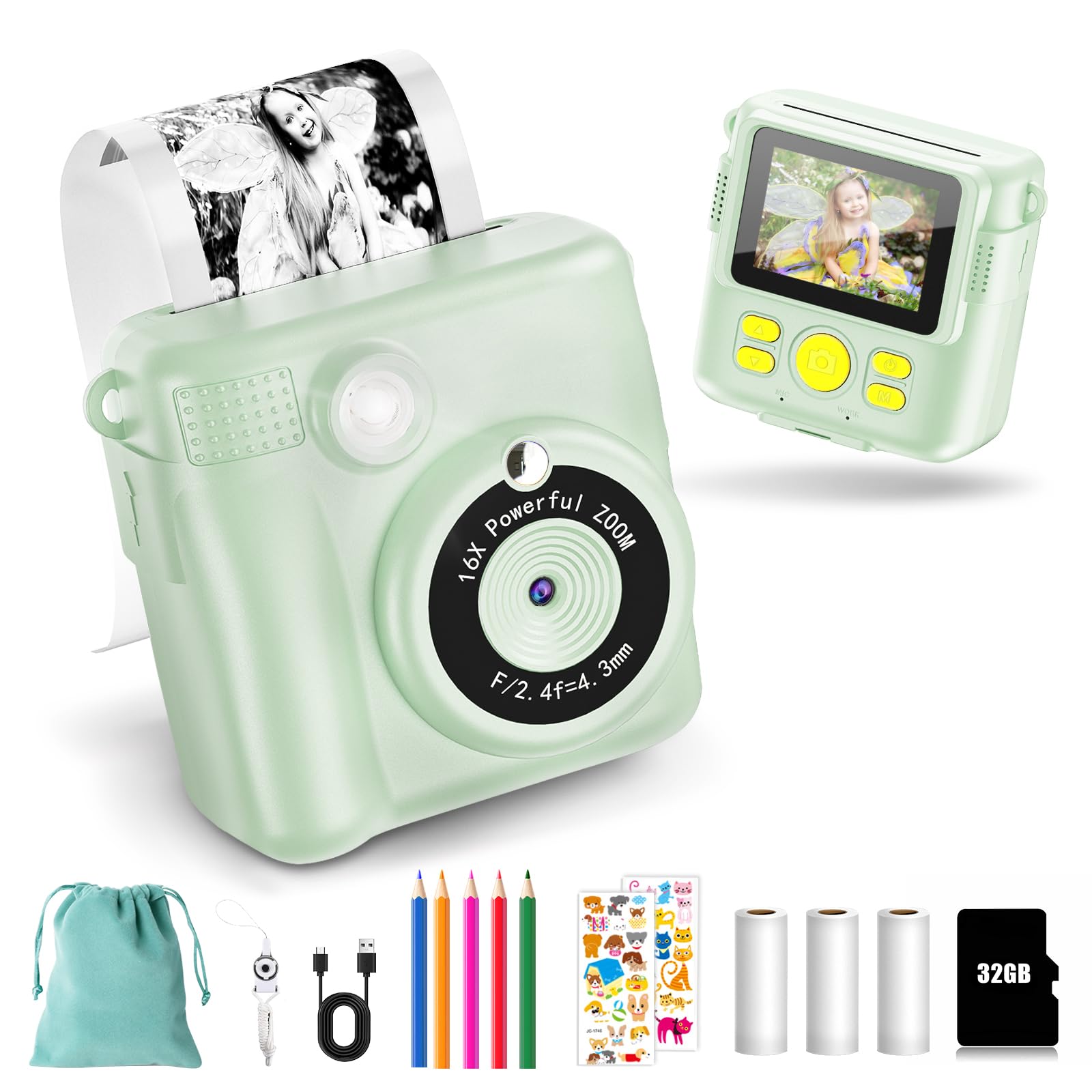 Instant Camera Digital Camera Print 1080P - 16x Digital Zoom 2.4 Inch Screen - 32GB Card - 3 Rolls of Printing Paper - with Storage Bag for Children 3-12 Years
