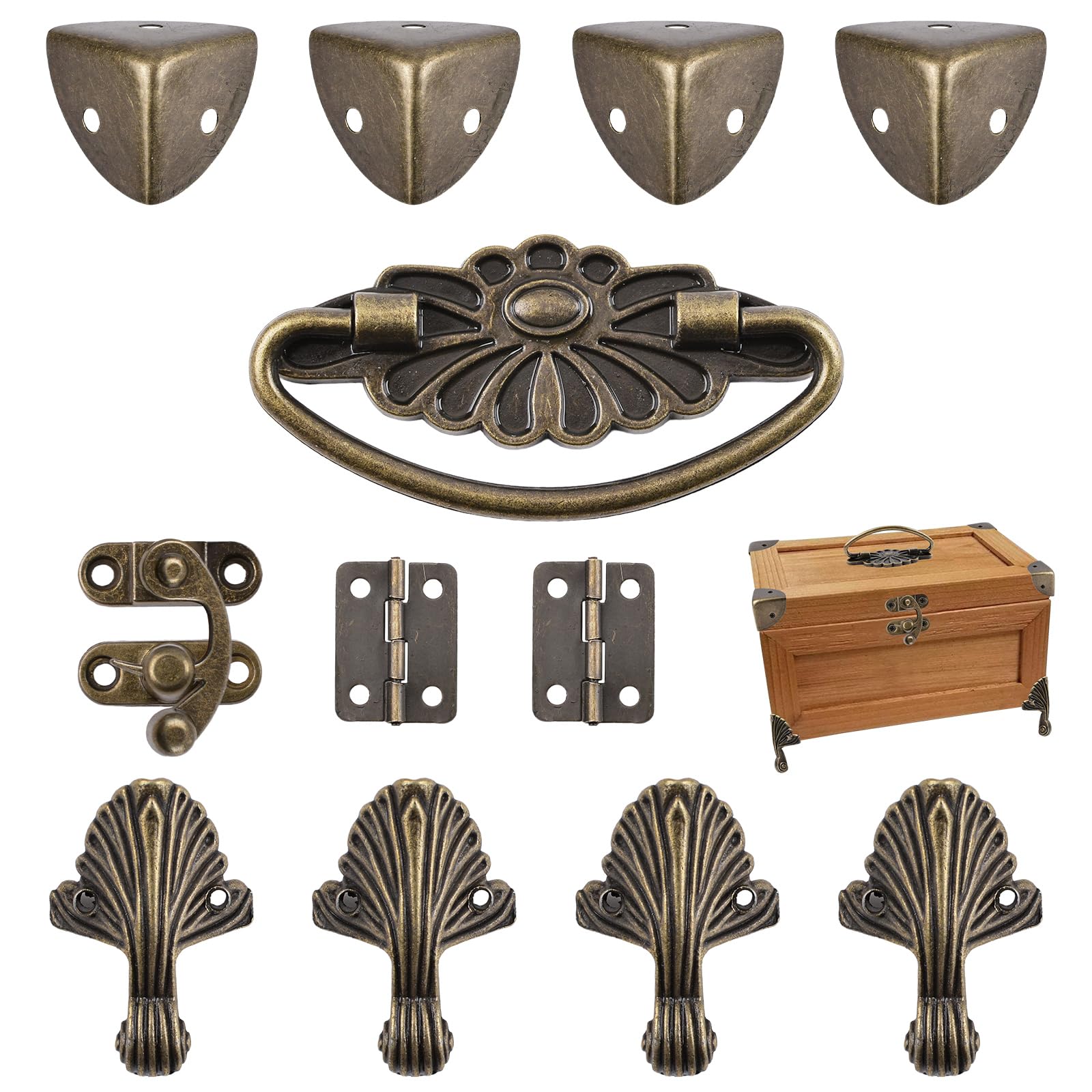 MOROBOR Bronze Jewelry Box Antique Lock Latch Hasp Hinges Handle Box Corner Protectors Kit for DIY Jewelry Box, Wood Case Jewelry Chest Storage Box Feet Leg Corner Protector, Box not Included