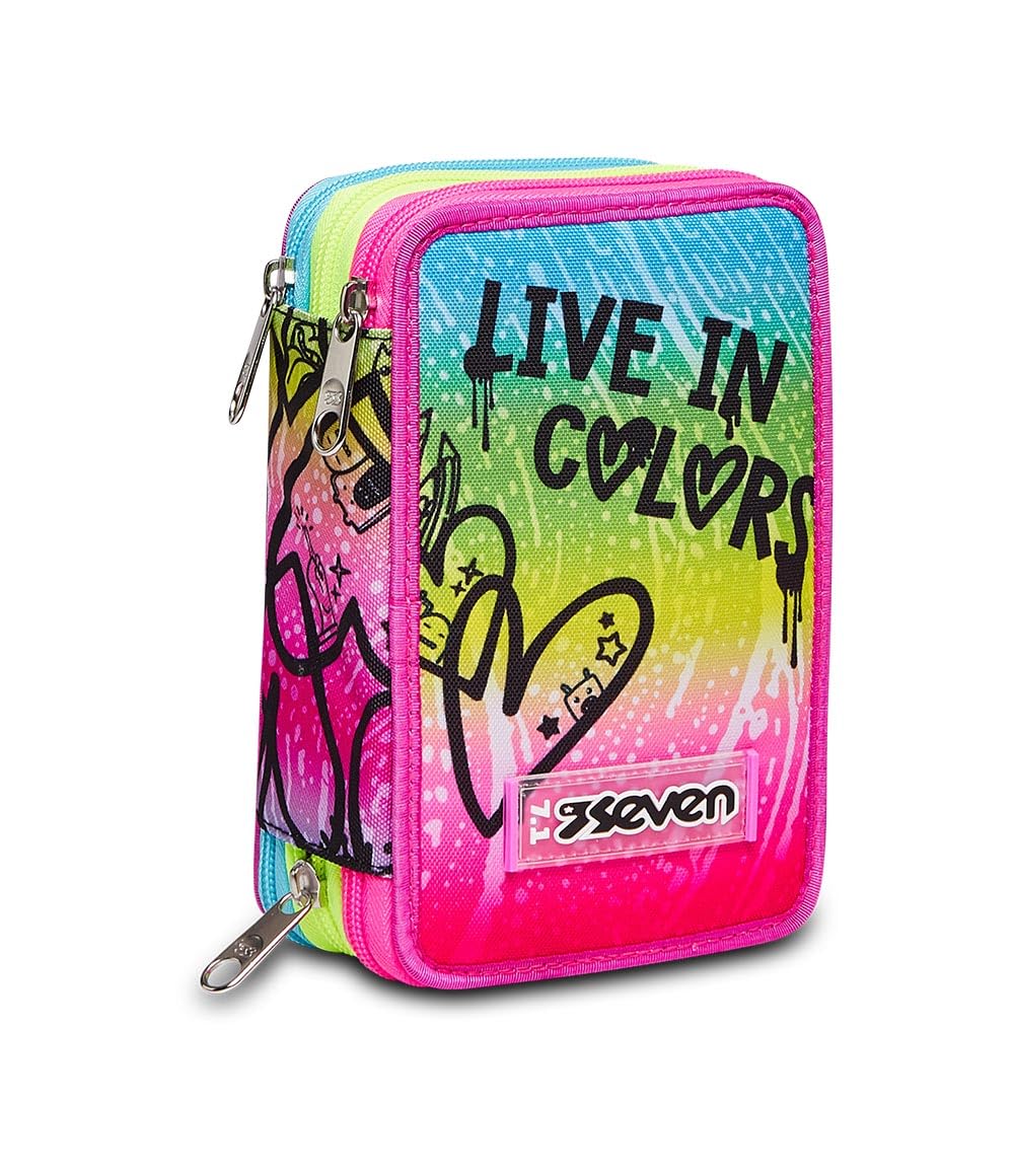 SEVEN Pencil Case 3 Compartments, Pink, Triple Compartment, Complete with Pencils, Markers, Colours, Backpack Accessories, Elementary, Medium, Upper, Multi-Coloured, Vibrant and Colourful