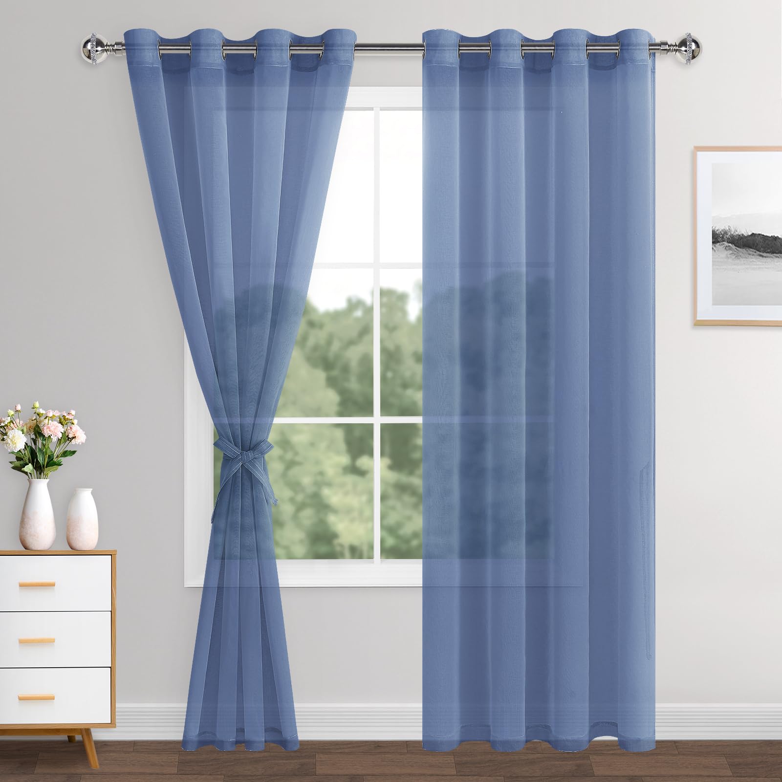 XWZO Haze Blue Sheer Curtains Semi Transparent Eyelet Top Linen Look Voile Panels/Drapes/Treatment for Bedroom Living Room,W55*L88，Set of 2