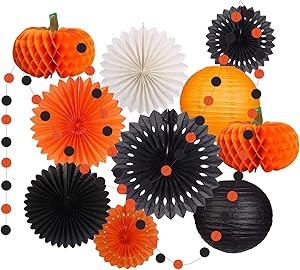 Halloween Party Decorations, Halloween Pumpkins Hanging Paper Lanterns Tissue Paper Fan Orange Black Garland for Birthday Thanksgiving Home Decor Indoor Outdoor