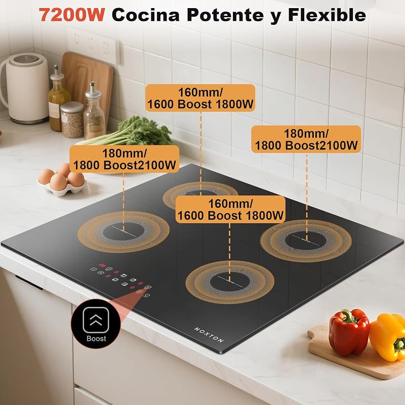 Placa de Inducción 4 Fuegos, 60 cm, Encastrable, Sin Enchufe, 7200 W