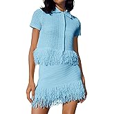 Fisoew Womens 2 Piece Crochet Outfits Short Sleeve Button Knit Sweater Tops Fringe Skirt Summer Vacation Sets Beach Cover Ups