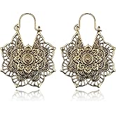 Bohemian Flower Dangle Drop Earrings for Women Vintage Handmade Hollow Antiqued Floral Shaped Geometric Gold Silver Plated Hoop Earrings for Ethnic Style