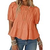 Tankaneo Womens Puff Sleeve Peplum Babydoll Tops Summer Smoked Pleated Cotton T-Shirts Casual Loose Fit Flowy Blouse