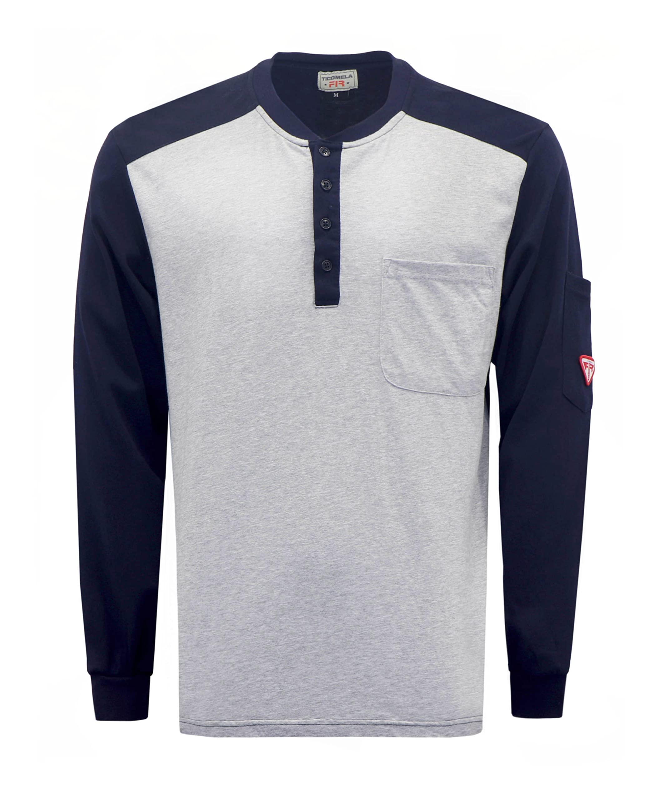 TICOMELA FR T Shirt Flame Resistant Shirt 5.5oz Light Weight Two Tone Heather Gray/Navy Men's Long Sleeve Henley Shirt Image