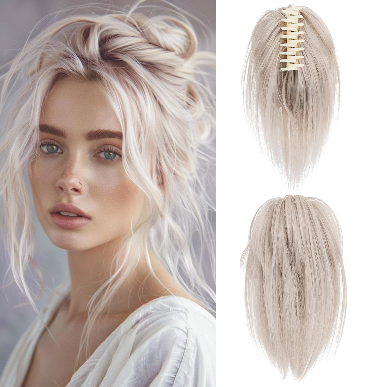 Benehair Claw Clip Messy Bun Extension - Synthetic Straight Ponytail Hair Piece in Gray with White for Women (60g)