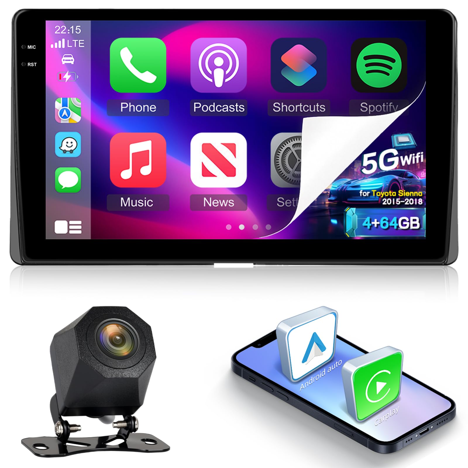 Photo 1 of 4+64G Android 15 Car Stereo for Toyota Sienna 2015 2016 2017 2018 with Wireless Carplay/Android Auto - 9 Inch HD Touchscreen Radio with EQ/5G WiFi/GPS/SWC/Mirror Link, AHD Rear View Camera