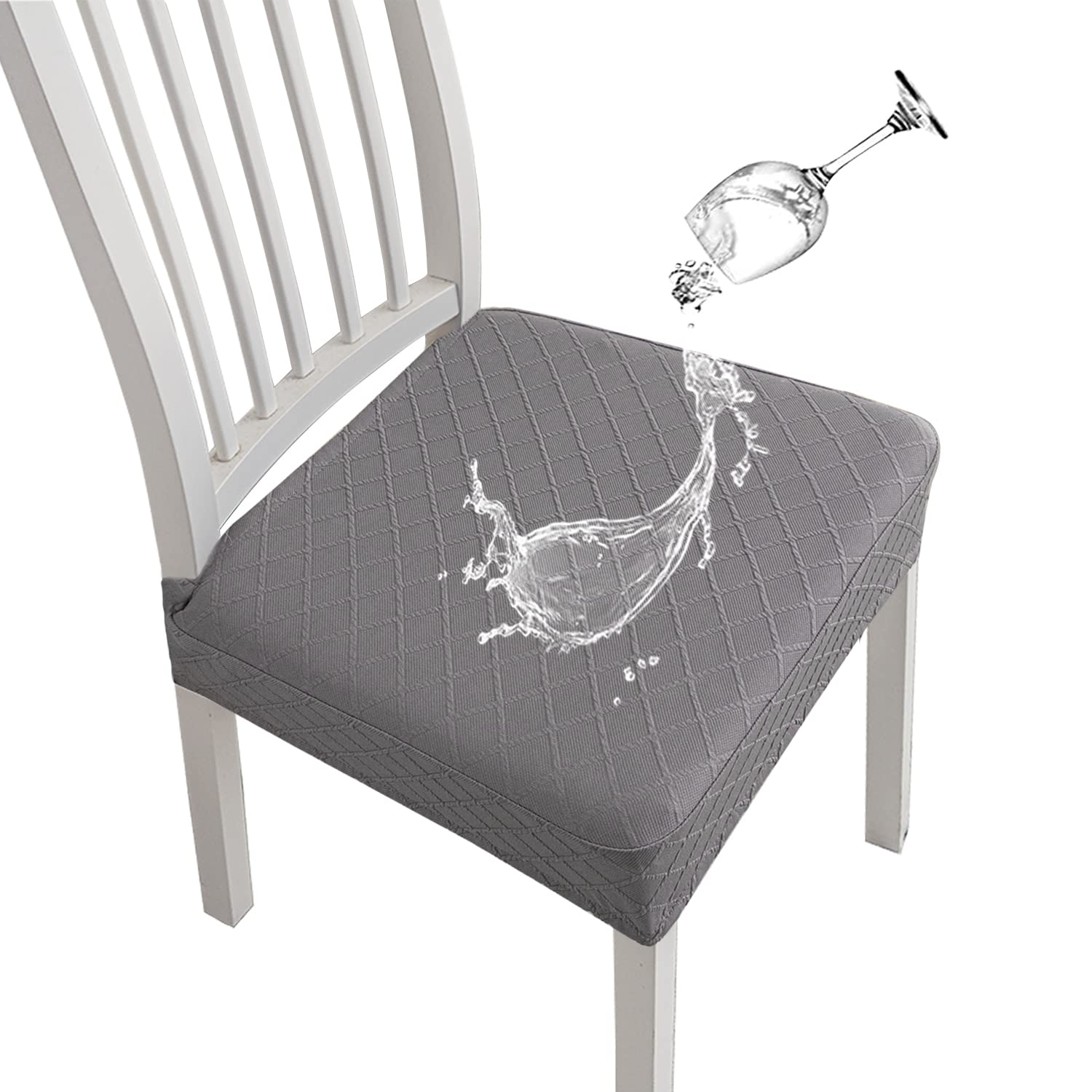 SHENGYIJING Stretch Chair Seat Covers for Dining Room, Waterproof Jacquard Protectors, Removable and Washable Kitchen Chair Slipcovers(Light Grey, 4 Pieces)