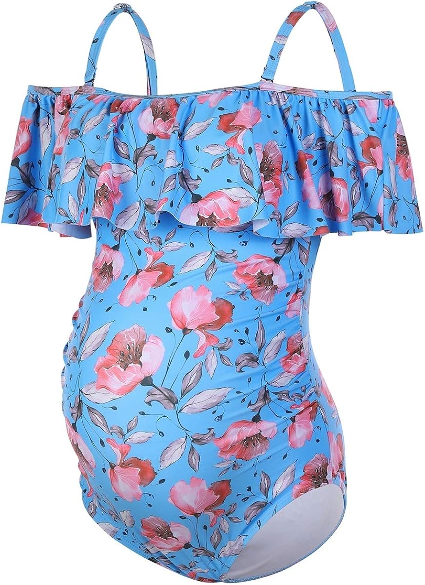 DINIGOFIN Women One Piece Maternity Swimsuits Plus Size Maternity Swimwear Ruffle Off Shoulder