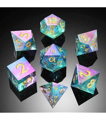 DNDND – Set De 7 Dés De Rôle En Résine – Placage Irisé Transparent – Étui Métal Dragon – D4, D6, D8, D10, D12, D20, D%