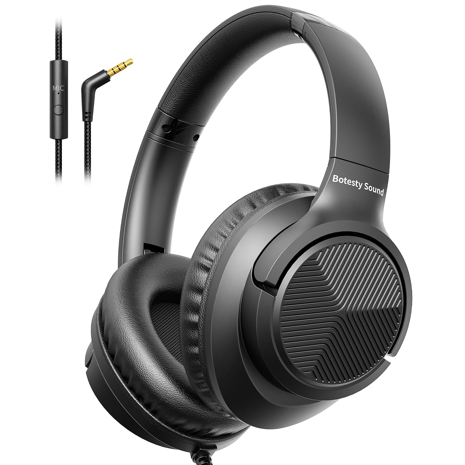 Photo 1 of Botesty Sound Headphones Wired with Microphone, Over Ear Foldable 3.5mm Plug in Headphones with 4.9ft Tangle-Free Nylon Cord for Tablet, Laptop, MP3/4, School, Airplane Travel (Black)