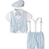 A&J DESIGN 5pcs Toddler Baby Boys Suit Set, 12 Months - 3T, Gentleman Suit Shirt & Shorts & Vest & Hat & Bow Tie