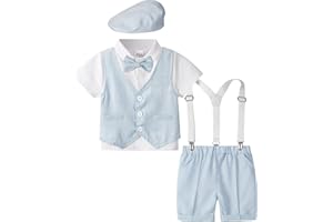 A&J DESIGN 5pcs Toddler Baby Boys Suit Set, 12 Months - 3T, Gentleman Suit Shirt & Shorts & Vest & Hat & Bow Tie