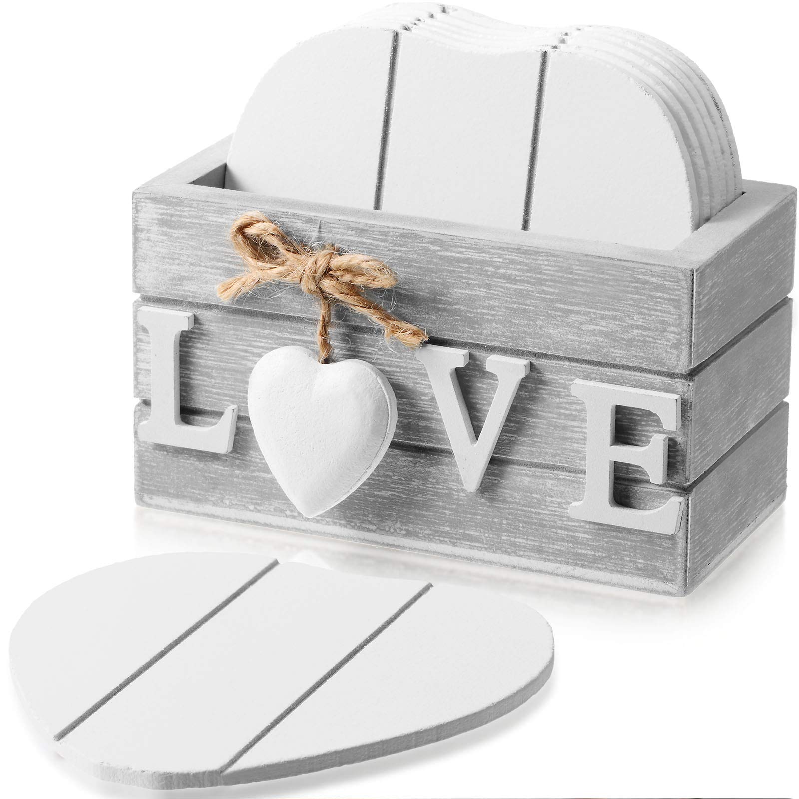 Wooden Heart Coasters Set of 6 With Holder - Farmhouse Coasters for Drinks, Coffee Table Protection - Housewarming Gifts for New Home Decoration, 4 Inch (Grey, Love)