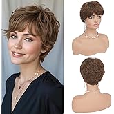 Haloo Brown Pixie Wig for Women - Short Natural Layered Haircut Synthetic Heat Resistant Hair Wigs for Daily Costume, Medium Brown