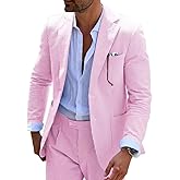 Wehilion Mens Seersucker Suit Slim Fit Casual Beach Wedding Prom Party Suit 2 Pieces Suits for Men Dinner Blazer Jacket Pants Bright Pink M