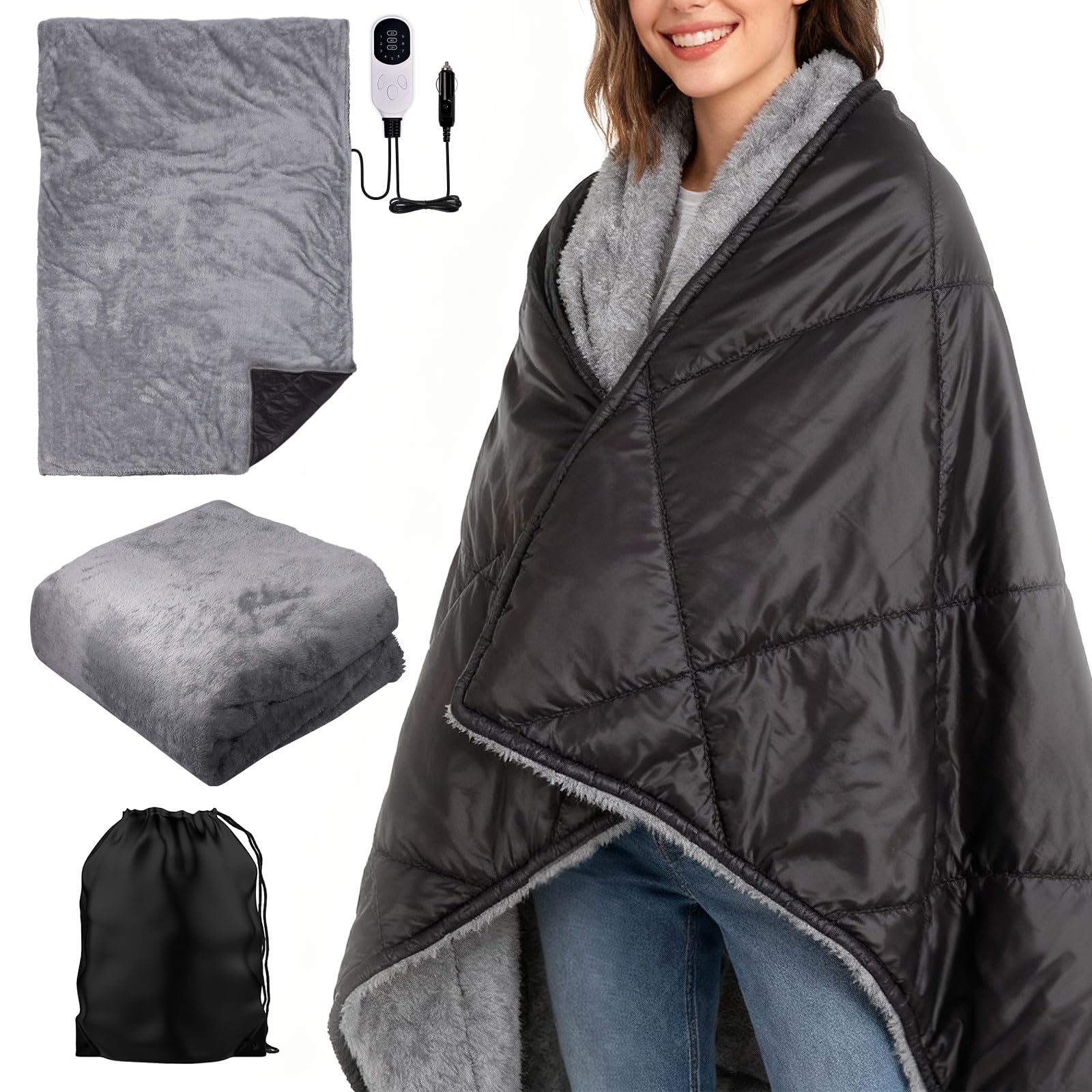 Photo 1 of 2 IN 1 Reversible Heated Car Blanket 57"x40" Heated Blanket 12V Electric Throw Temp Control Auto Off Portable Travel Blanket for Car Truck RV Van Vehicle Winter Outdoor Camping Road Trip Warmer