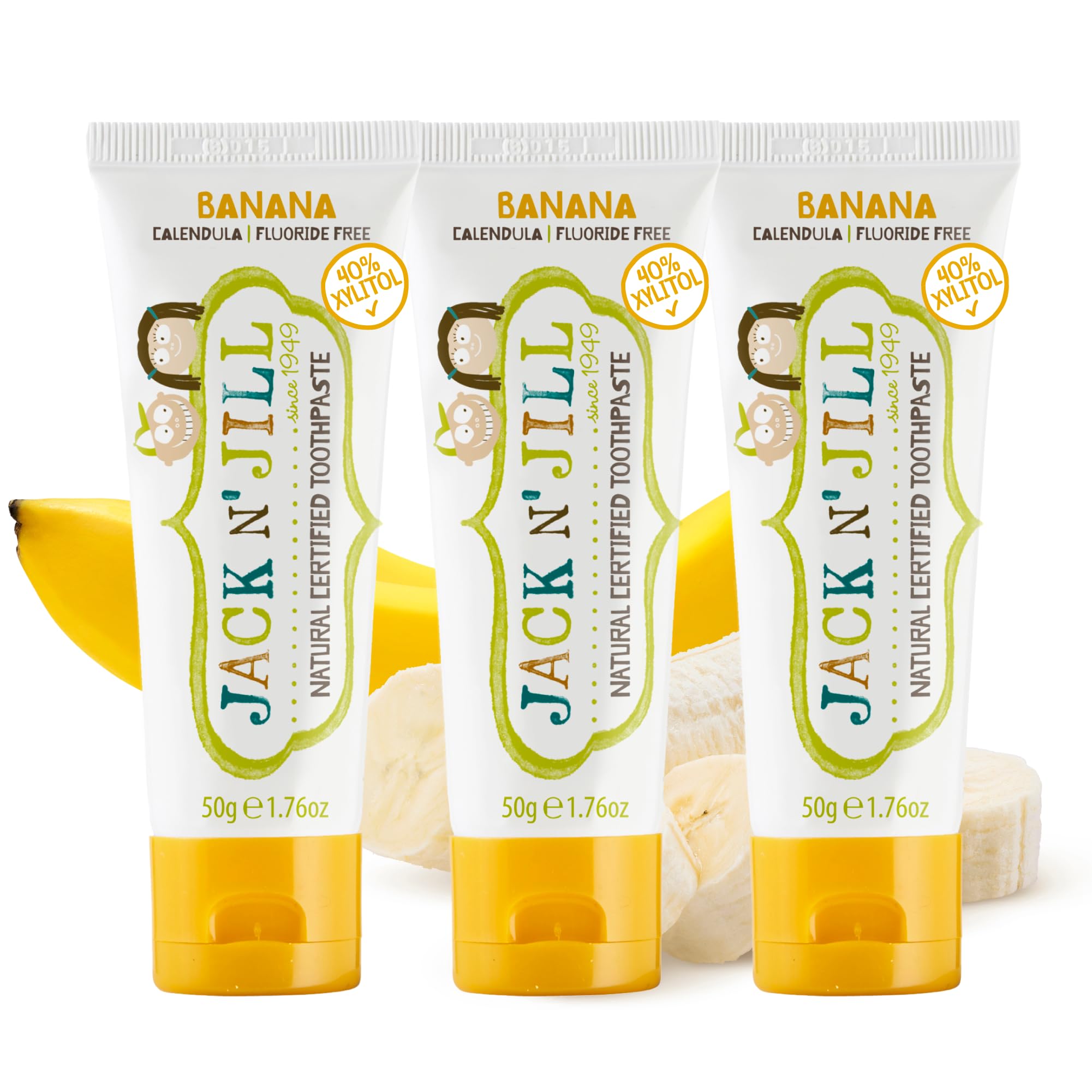 Jack N’ Jill Natural Certified Kids Toothpaste – Fluoride-Free Toddler & Baby Toothpaste with 40% Xylitol, No Sugar, Suitable from 6 Months+, Organic Banana Flavour, Pack of 3 (50g Each)