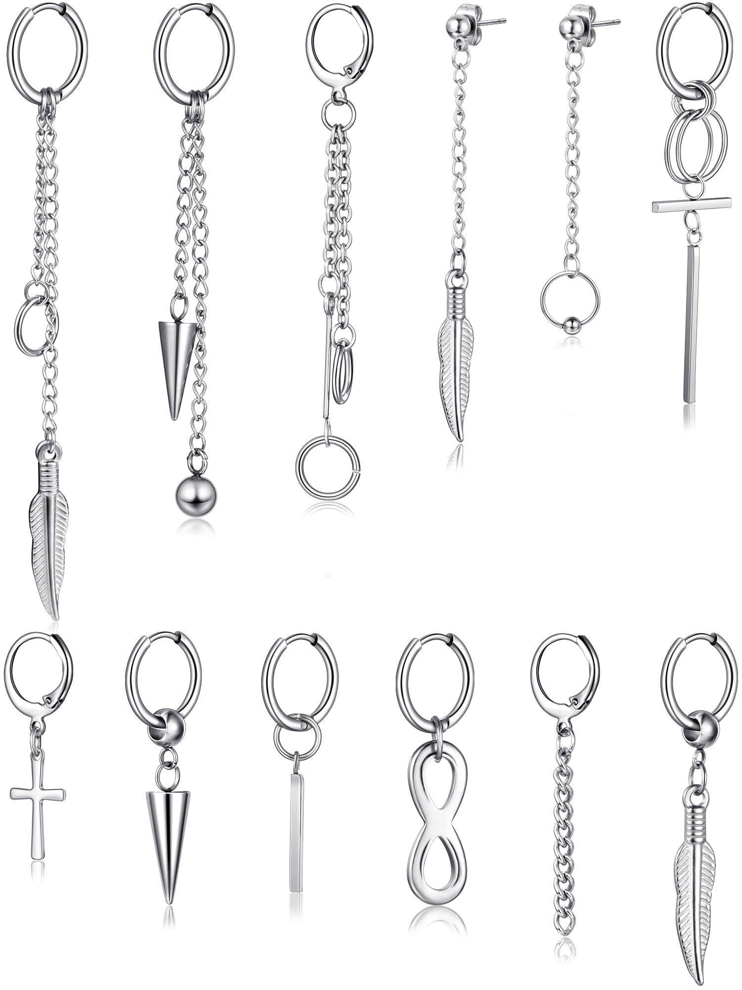 12 Pieces Hoop Dangle Earrings For Men, Women Stainless Steel Hinged Hoop Earrings Long Chain Pendant Earrings (Silver)