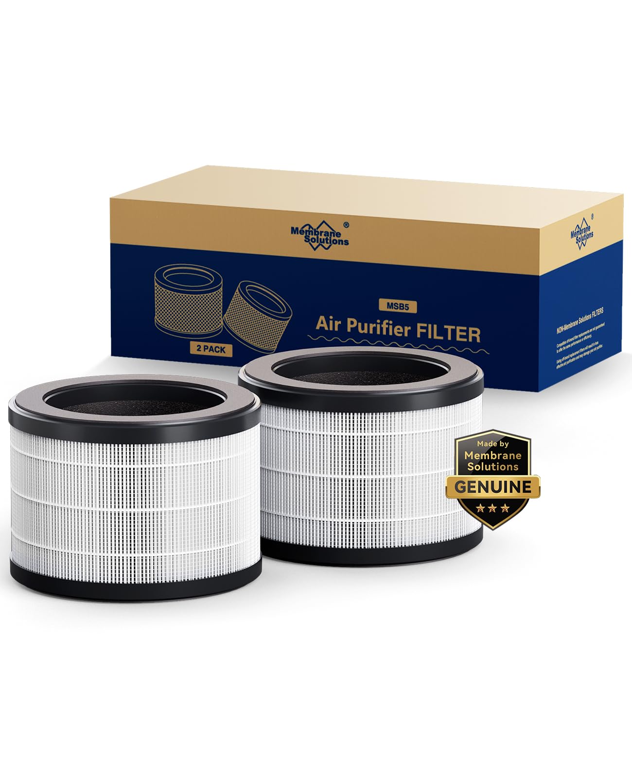 Membrane Solutions MSB5 Air Purifier Filter Replacement - 3-in-1 H13 True Hepa, for Smoke, Pollen, Dander, Hair, Smell - 2 Pack - Genuine, Long-lasting, Fits Perfectly