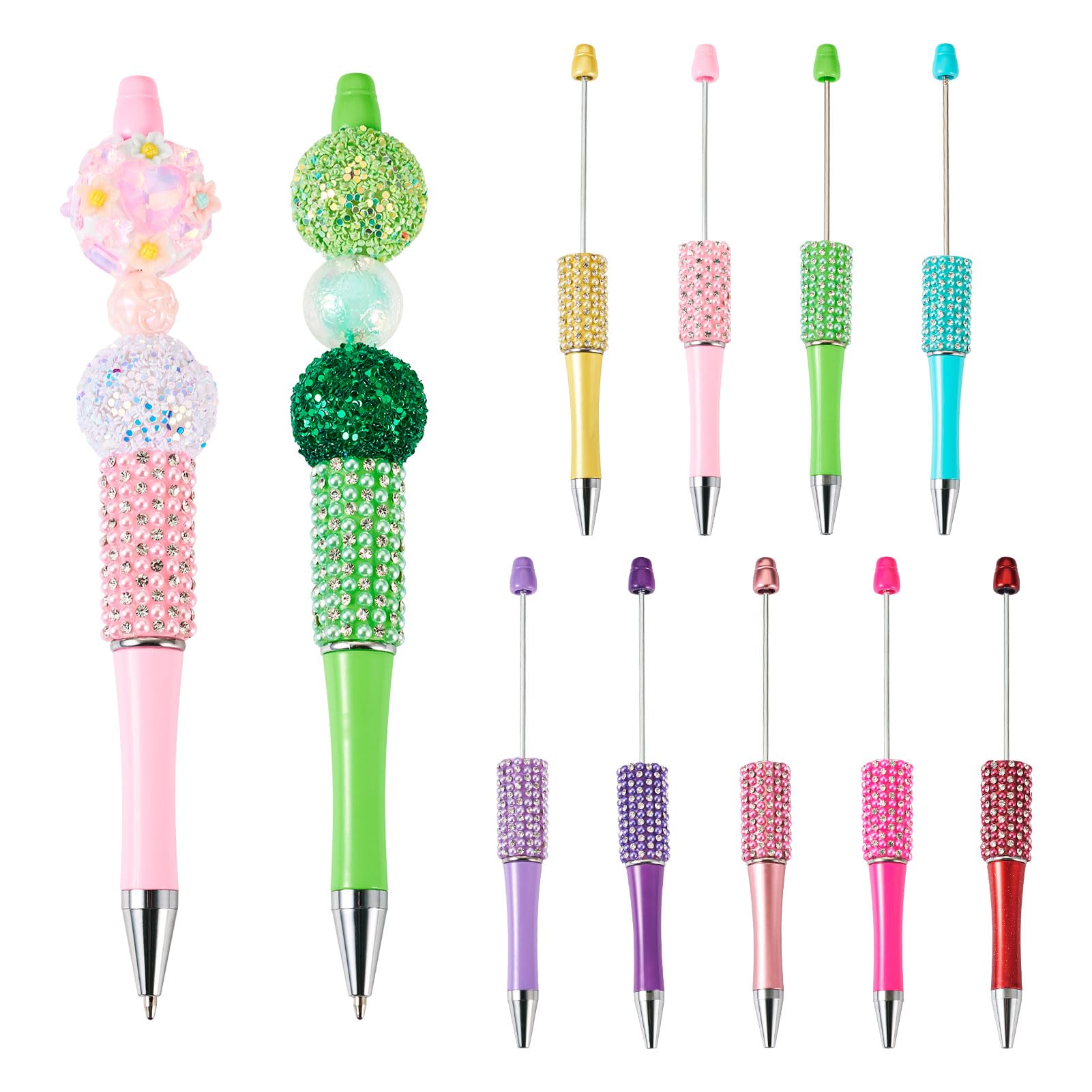 Cheriswelry 9Pcs Plastic Beadable Pens with Rhinestone Ball-Point Pen for DIY Personalized Pen with Jewelry Bead