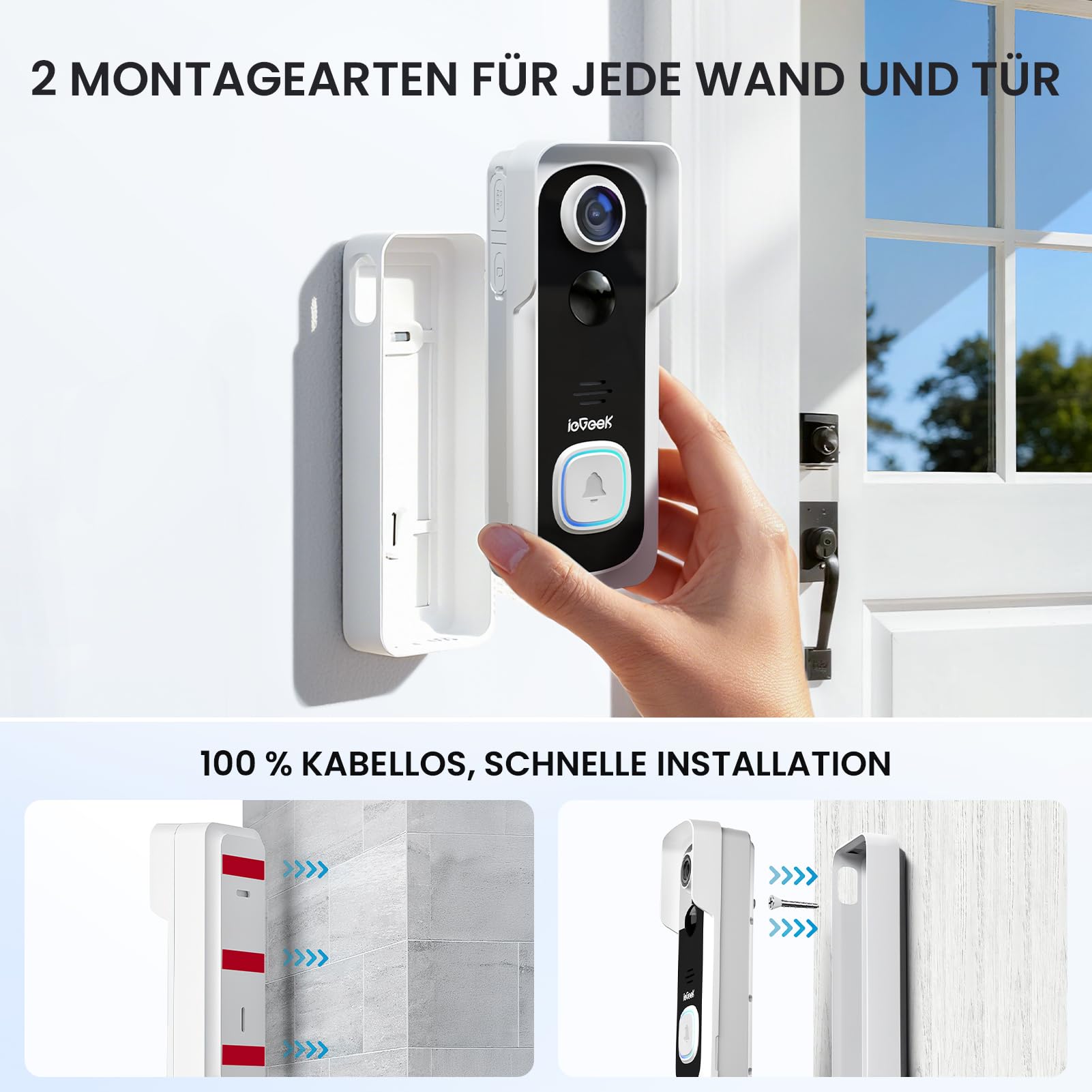 ieGeek 2K Video-Türklingel mit Kamera Kabellos, IP66 Wasserdicht, Intelligente AI Bewegungserkennung, Nachtsicht, Keine Abokosten, Kompatibel Mit Alexa, 2,4GHz WLAN, Inklusive Indoor-Klingel (Weiß) 8