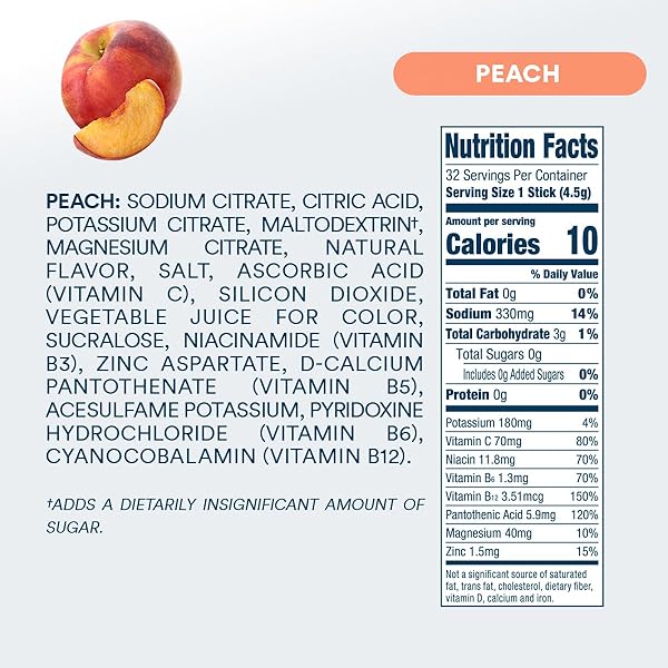DRIPDROP SUGAR FREE HYDRATION PACKETS – ZERO PEACH – SINGLE SERVE ELECTROLYTES POWDER DRINK MIX – NON-GMO, GLUTEN FREE, VEGAN – 32 STICKS