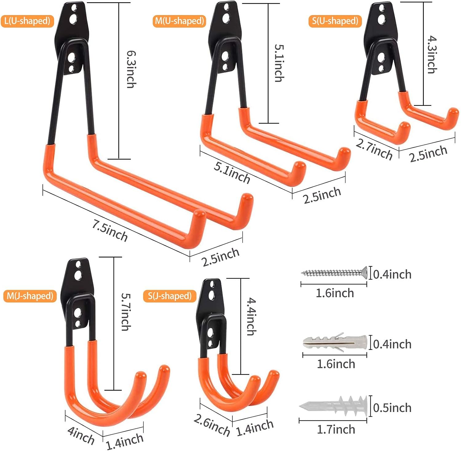LIIBOT 2 Pack Garage Hooks with Heavy Duty Steel Storage Tool Hangers for Garage Wall Mount Utility Double Hooks with Anti-Slip Coating for Bike Garden Tools Ladders Bulky Items (L, U-Shaped, Orange): Home Improvement
