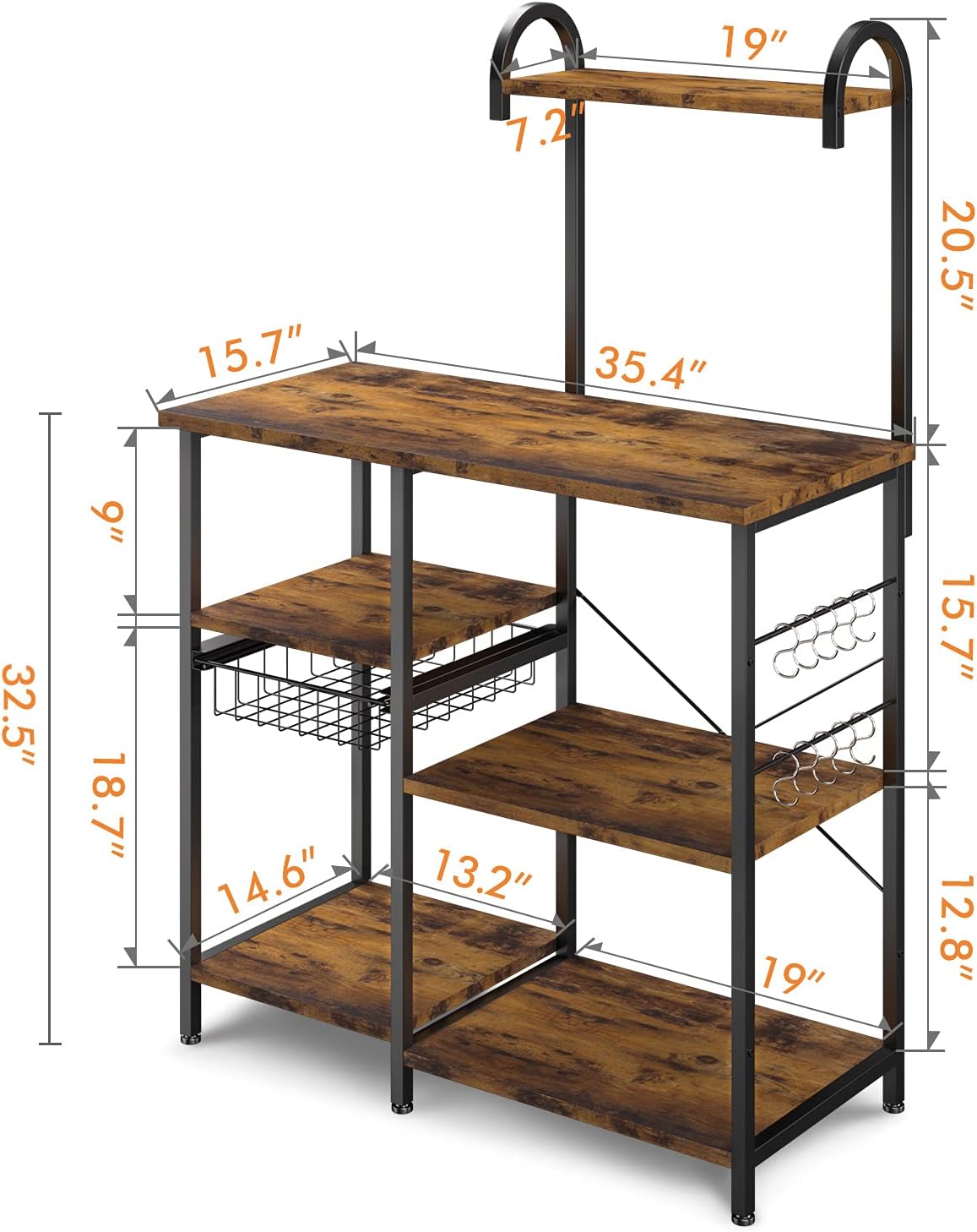 ODK Kitchen Bakers Rack, Utility Storage Shelf Microwave Oven Stand, 3-Tier+4-Tier Coffee Bar Table with 10 S-Shape Hooks, for Spice Rack Organizer Workstation, Metal Frame, Vintage Brown - Standing Baker's Racks