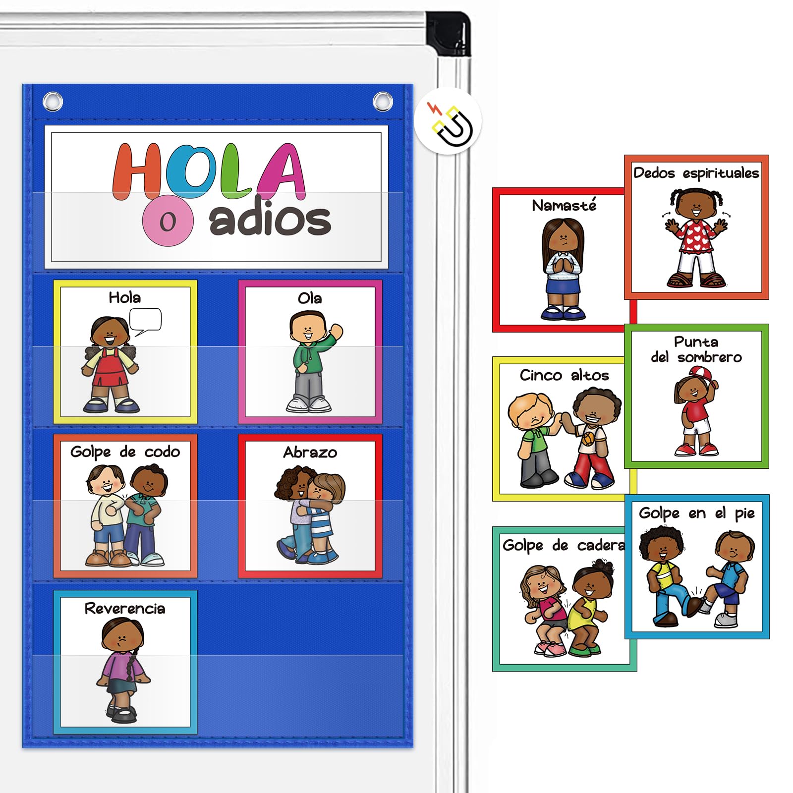 Photo 1 of Auchq Morning Meeting Bilingual Greetings Classroom Chart, Preschool Kindergarten Elementary Teacher Supplies for Classroom Must Haves, Great for Back to School/Welcome Sign. (Spanish ? English)