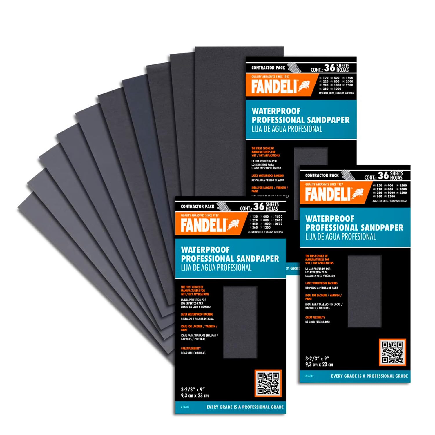 Fandeli | Waterproof Sandpaper | Assortment of Grits from 120 to 2500 | 108 Sheets 23 x 9,3 cm | for Car Polishing, Wood Furniture Sanding and Metal Sanding | Water Resistant