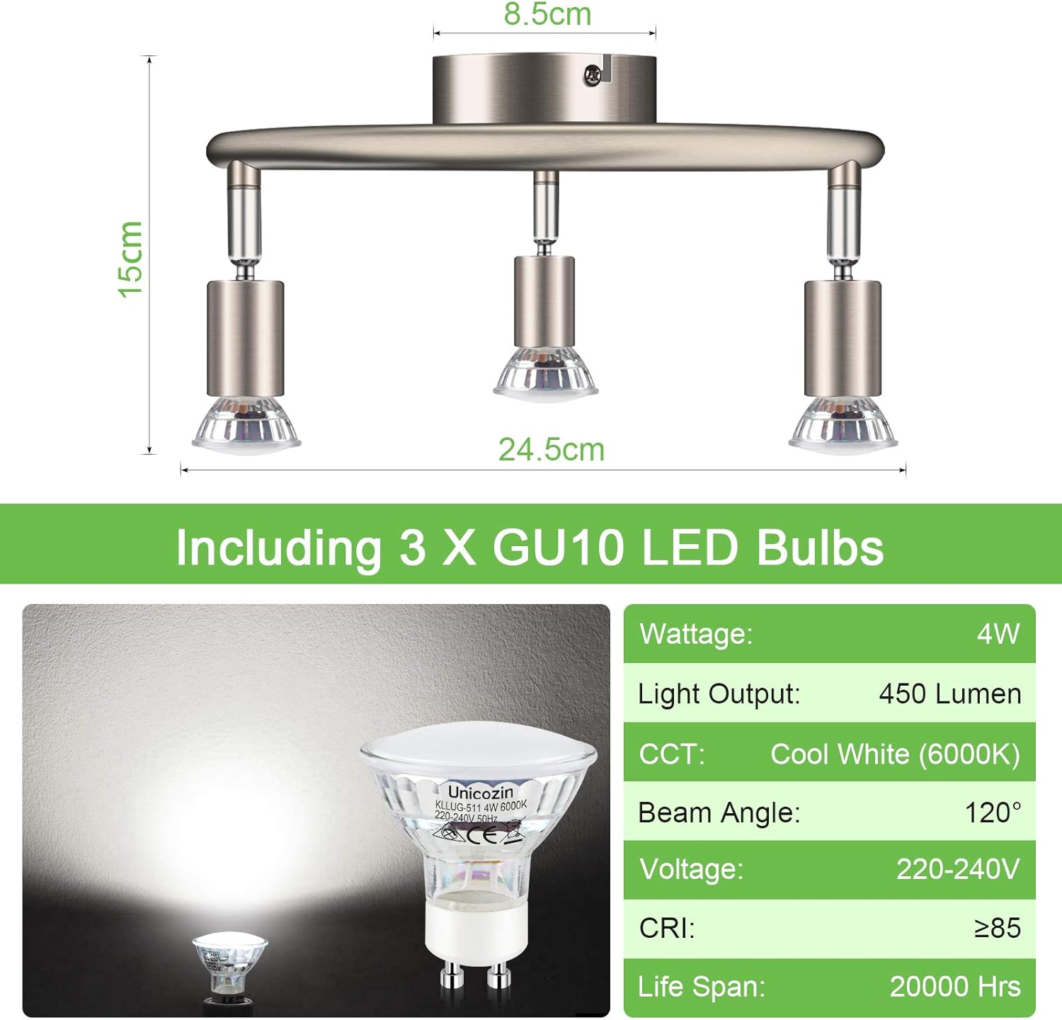 Unicozin Modern Rotatable 3 Way LED Ceiling Spotlight, Matt Nickel & Swivelling Design - Image 4