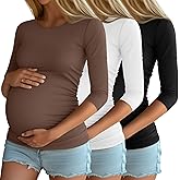 Riyiper 3 Pack Women's Maternity Shirts, 3/4 Sleeve Crew Neck Pregnancy Tee Tops Side Ruched Casual Tunic Pregnant T Shirts