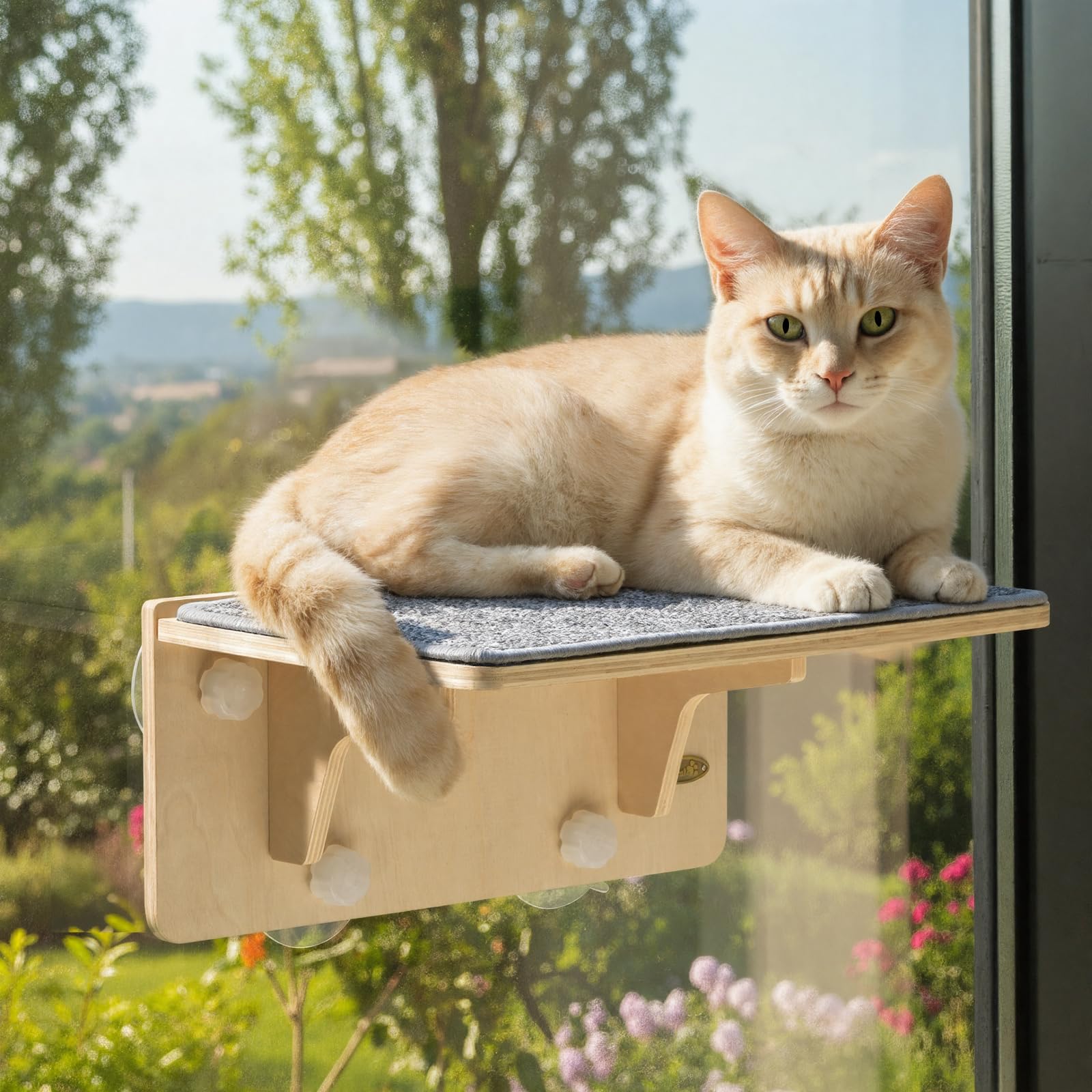 Photo 1 of Pecute 2-in-1 Cat Window Perch & Wall Shelves, Cat Hammock Window with Solid Wood, Strong Suction Cup, Washable Cover Mat, Kitten Window Seat Indoor, Cats Perch Bed for Birds Watching Inside,16"x10"