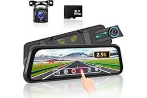 NHOPEEW Rear View Mirror Camera with 64G TF Card, 9.66 Inch Mirror Dash Cam Front and Rear, 2.5K IPS Touch Screen Loop Recording/G-Sensor / 24H Parking Monitor / 150°+ 120° Wide Angel/Night Vision