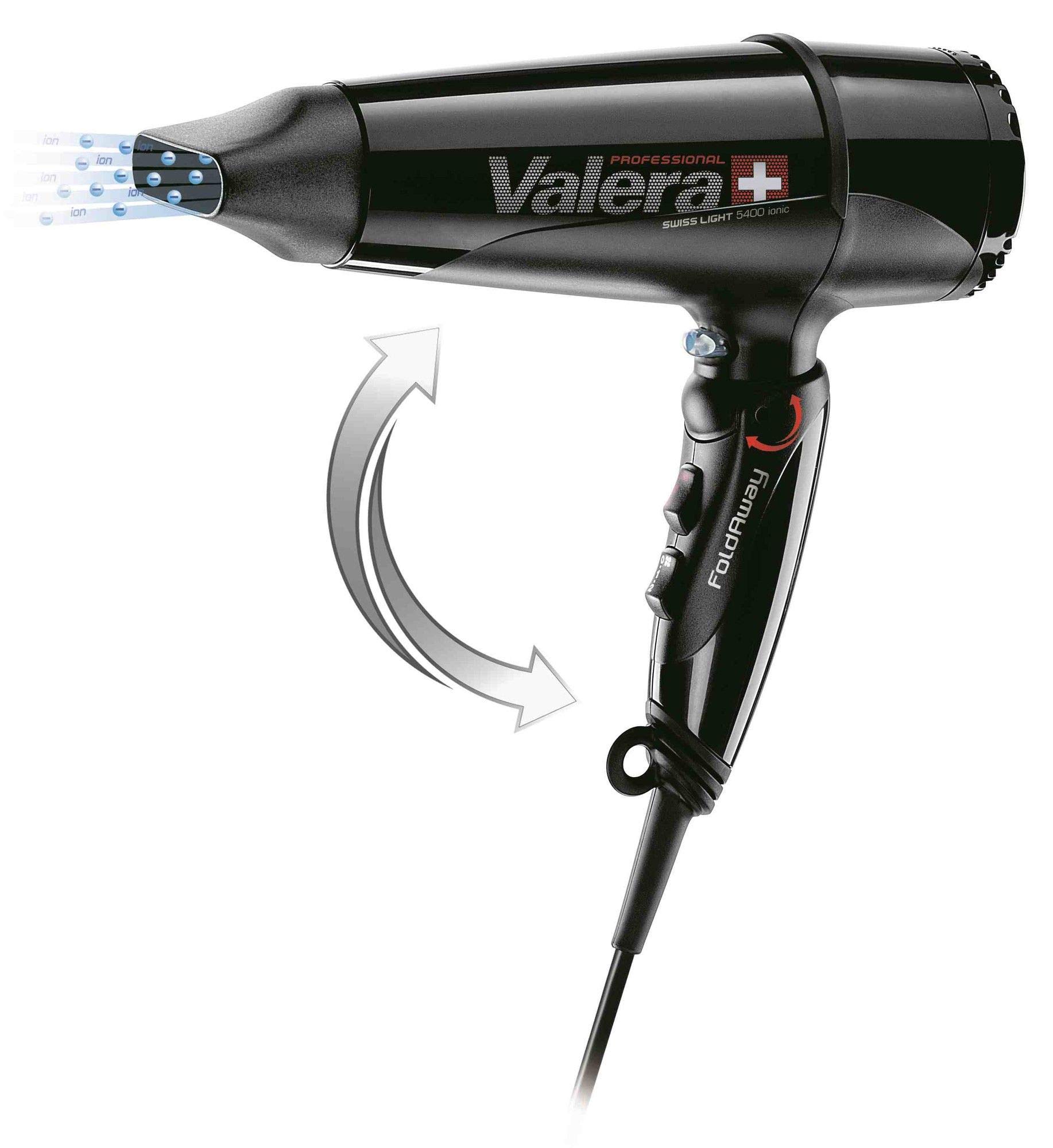 Valera, Swiss Light Fold-Away 5400, professioneller Haartrockner, Föhn mit Klappgriff, Motor DC Long-Life, 3 Temperaturstufen, Ionen-Generator, Super-Flex-Kabel, 2000 W, schwarz