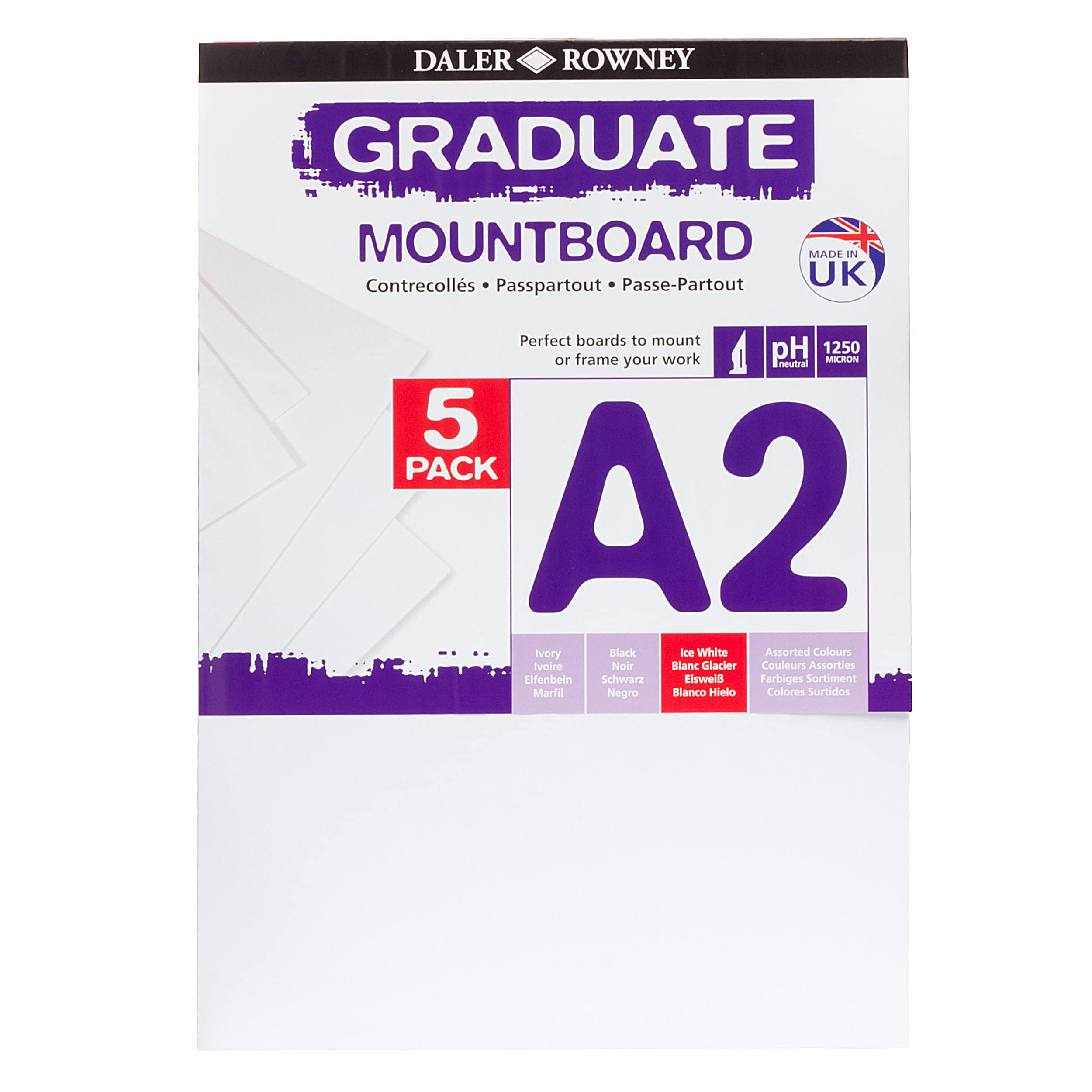 Daler-Rowney Graduate Cream Core A2 Mountboard Pack, 5 x Ice White Smooth Surface, 1.25mm Thick, For Student Artists & Hobbyists