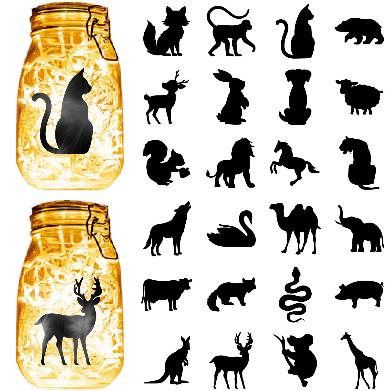 CREATCABIN 24Pcs Animals Silhouettes Mason Jar Decor PVC Laser Cut Pet Scrapbook Cardboard Solar Lantern Hanging Cutouts Ornaments for Lantern Frosted Glass Window Black 4x3.5Inch-No Sticker