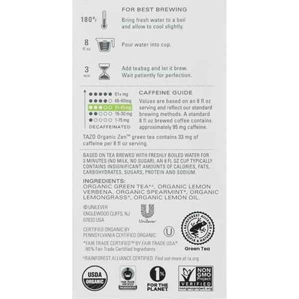 TAZO ORGANIC ZEN GREEN TEA, CAFFEINATED TEA WITH REFRESHING LEMONGRASS & SPEARMINT, 16 TOTAL BAGS