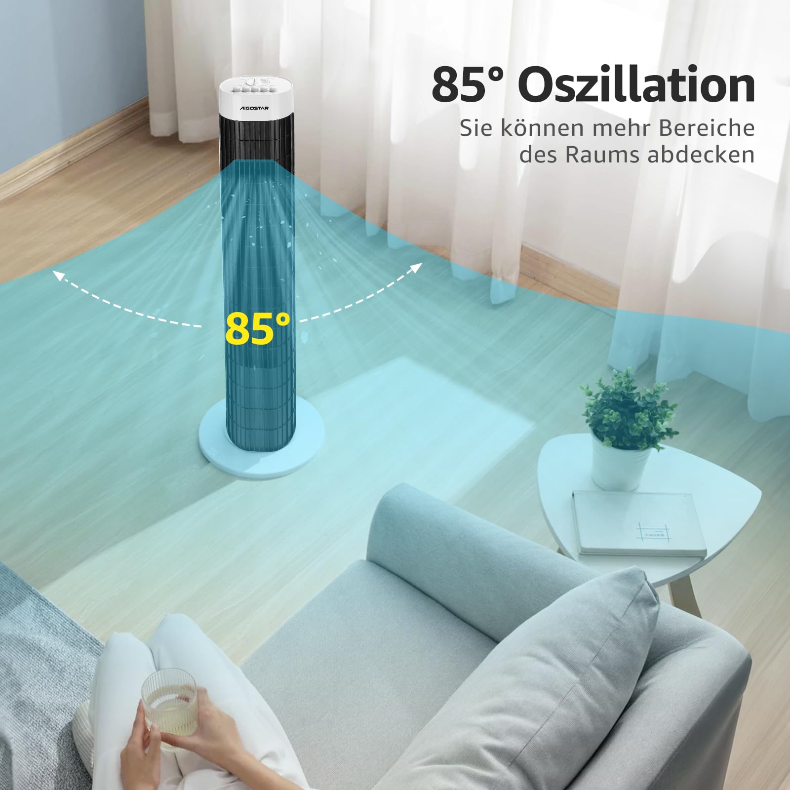 Aigostar Leise Turmventilator, 85° Oszillation, Energiesparender Säulenventilator mit Timer, bis 103.6m/min Tower Ventilator, 3 Geschwindigkeiten, 45W Tower Fan, Standventilator 76cm für Schlafzimmer 4