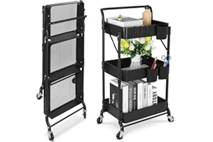 johgee Foldable 3 Tier Metal Utility Rolling Cart, Folding Mobile Multi-Function Storage Trolley Organizer Cart for Home Library Office(Black)