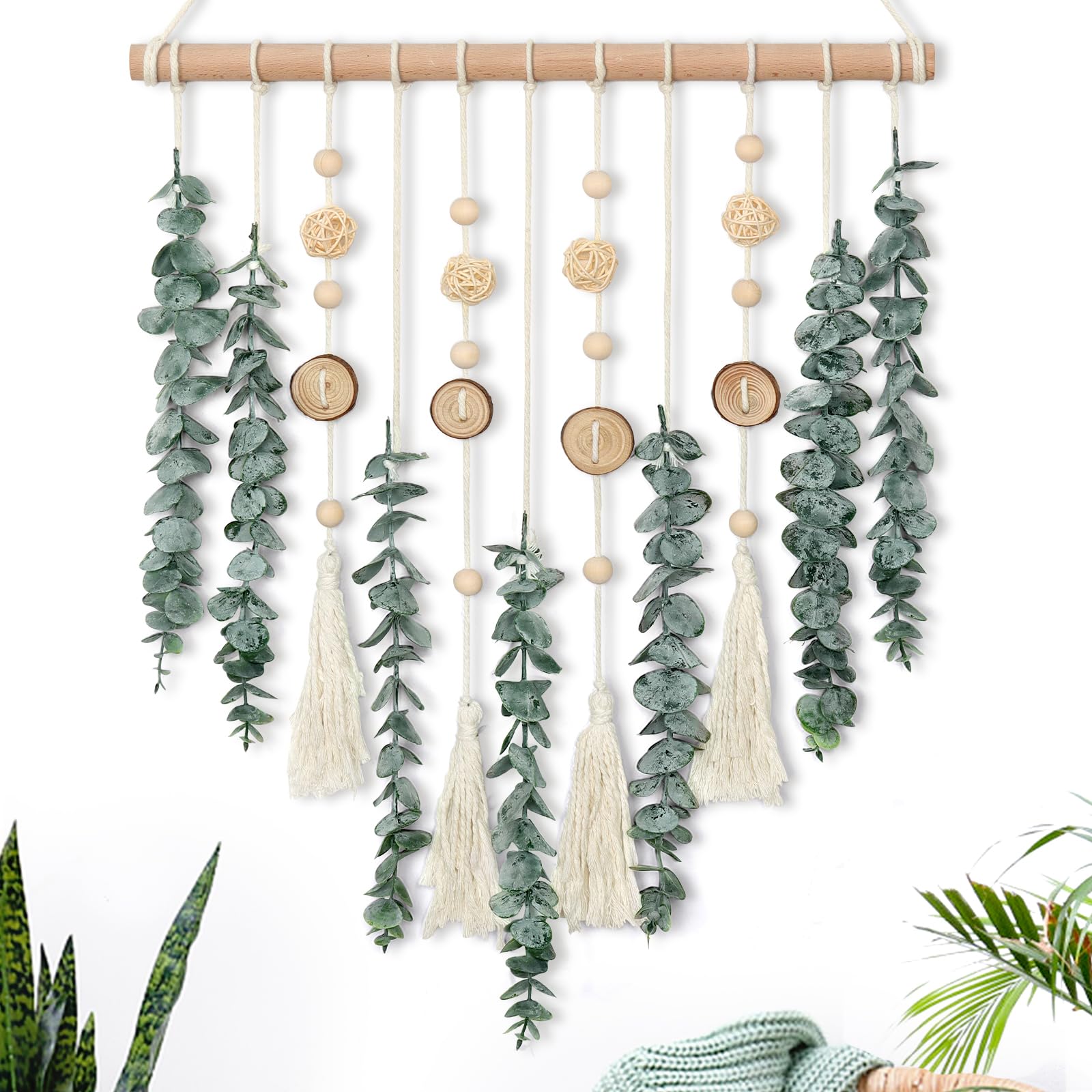 Photo 1 of KHOYIME Artificial Eucalyptus Wall Hanging Faux Greenery Decor with Fake Eucalyptus Stems Plants Wooden Stick Wicker Balls Boho Chic Bohemian Home Wall Art for Nursery Living Room Bedroom Bathroom