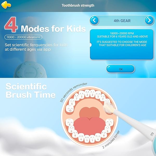 ARPHA RECHARGEABLE ELECTRIC TOOTHBRUSH FOR KIDS, AGES 1-8 CHILDREN MUSICAL TOOTHBRUSH, FUN APP FOR DENTAL EDUCATION, EASY CLEANING, 3 REPLACEMENT HEADS, IPX7 WATERPROOF, 2-MIN TIMER, BLUE