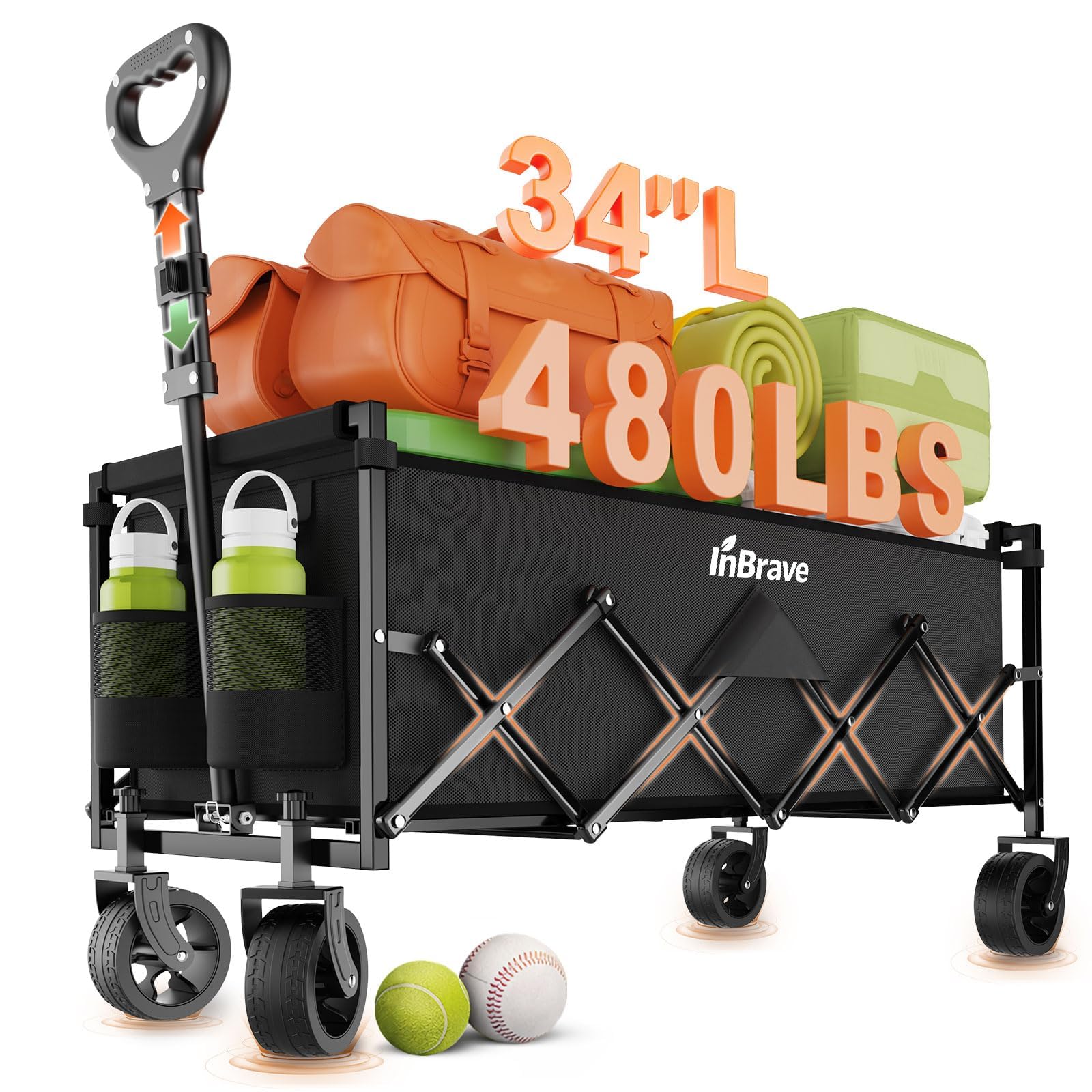 Photo 1 of **INCOMPLETE** MISSING WHEELS** InBrave Extra Long Collapsible Wagon Cart, 480LBS Heavy Duty Utility Wagons with All-Terrain Wheels, Foldable Grocery Carts for Gardening, Shopping, Beach, Camping, Black