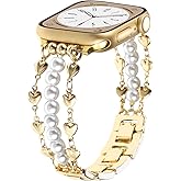 YONWORTH Pearl Beaded Band Compatible with Apple Watch 38/40/41mm 42/44/45/49mm Women, Dressy Jewelry Wristband Stylish Cute Strap Love Heart Shape Chain for iWatch Series 9 8 7 6 5 4 3 2 1 Ultra SE